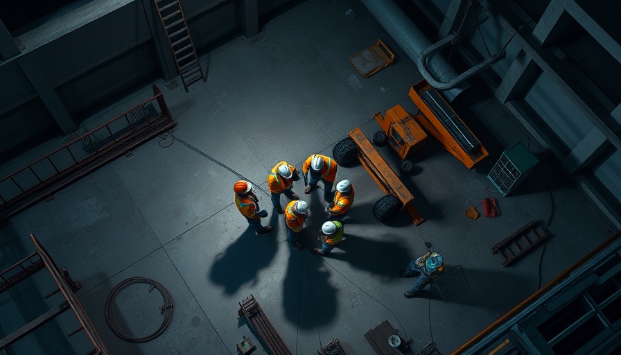 Workers gather at Wilmington tunnel collapse site at night.