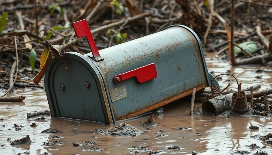 Flood aftermath in Kerr County with overturned mailbox.