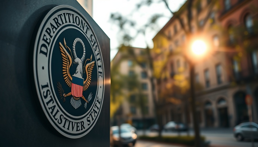 Department of State sign with emblem amid blurred building and trees.