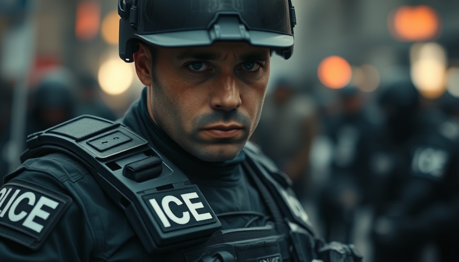 Law enforcement officer in tactical gear with ICE label.