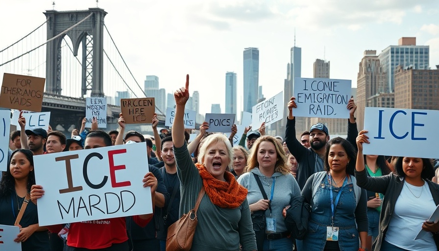 Protest against ICE immigration raids on urban bridge with crowd and signs.