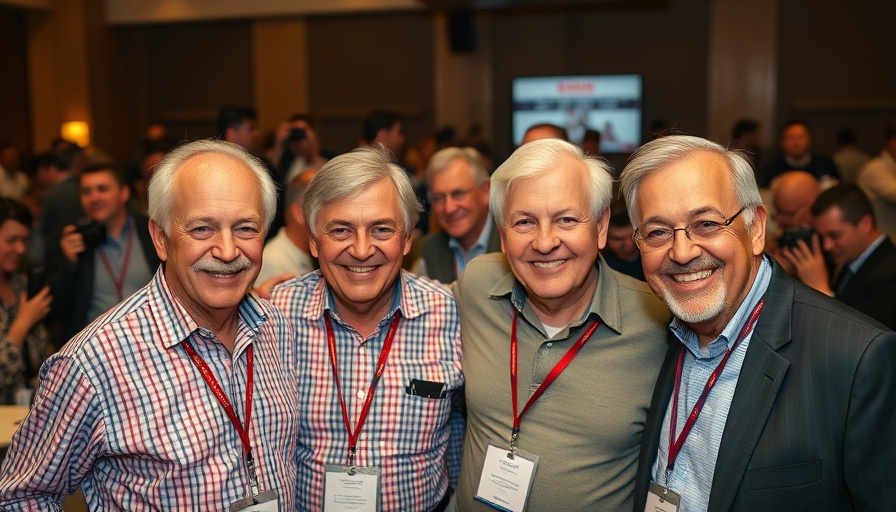 Two smiling men at an event with media, lively scene.