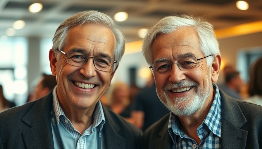 Two smiling men in a lively setting, capturing candid joy.