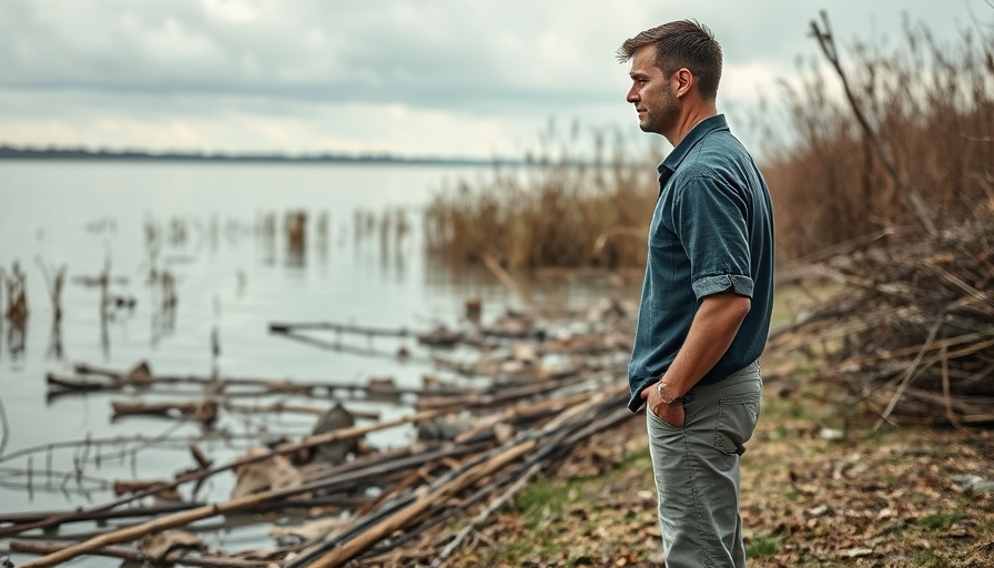 Pensive man observing Texas flood aftermath.