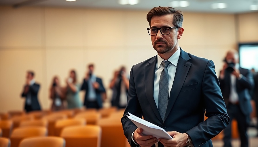 Man in navy suit with documents in conference room.