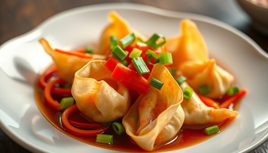 Delicious wontons garnished with green onions on a plate - Darling Cambridge.