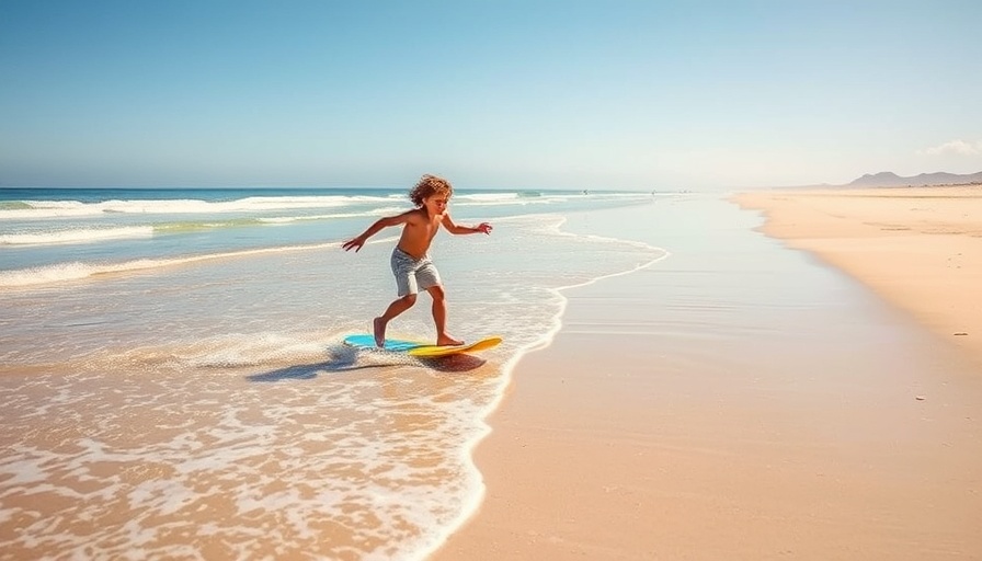 Child skimboarding on a tranquil beach, Stoughton brothers headline.