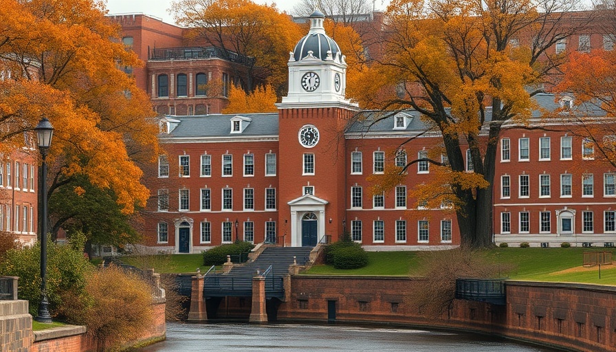 Historic Harvard campus amidst autumn foliage, river view.