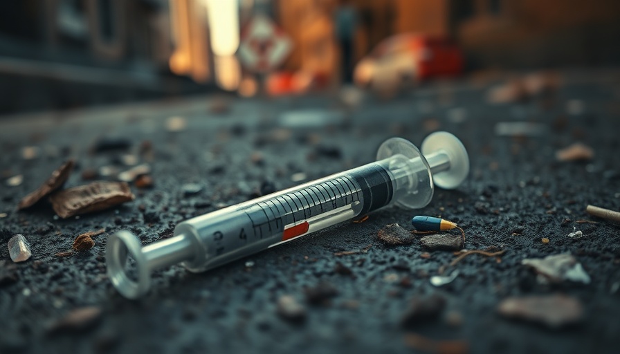 Discarded syringe on a gritty urban street, Mass. and Cass crisis in Boston.