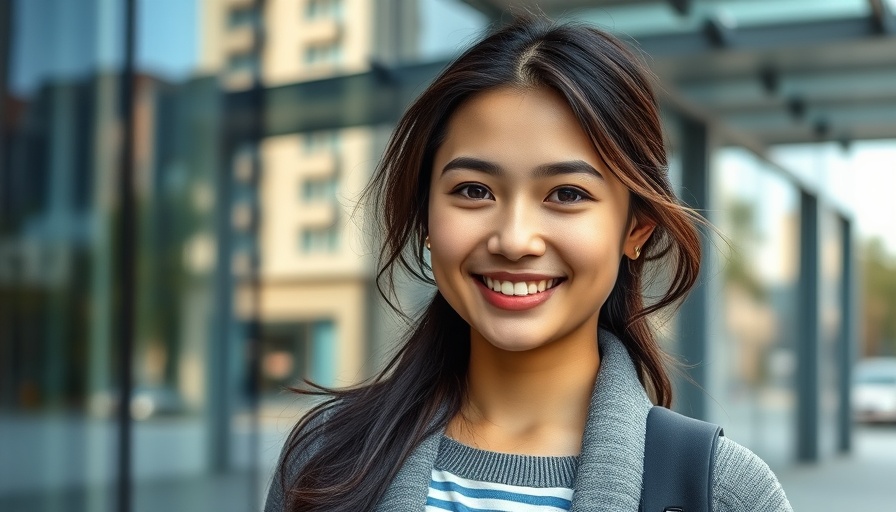 Young woman smiling outside modern building, soft lighting.