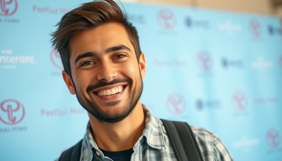 Smiling person at event with light blue background.