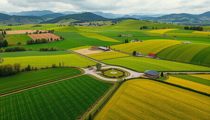 Aerial view of a farm in Vermont's Northeast Kingdom with mountains.