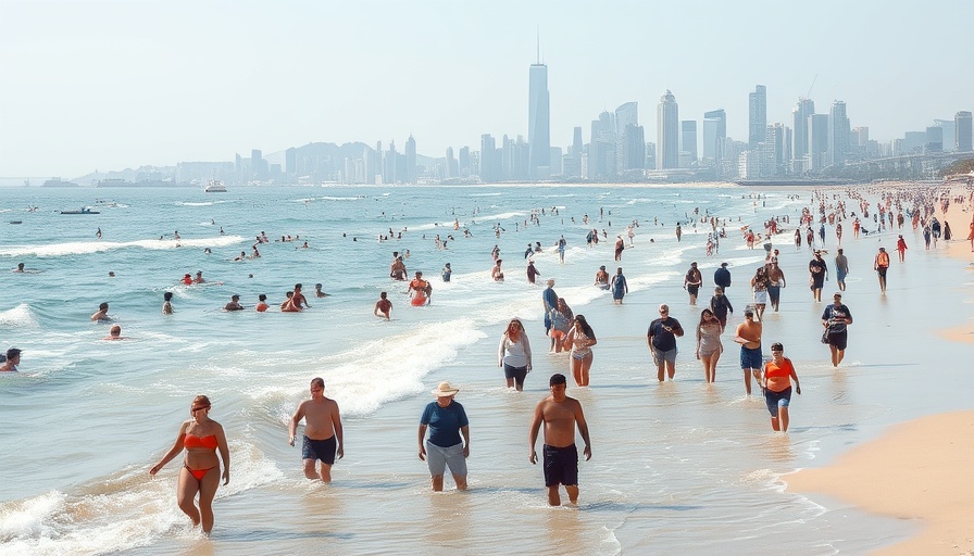 New England summer adventures on a busy beach with city skyline.