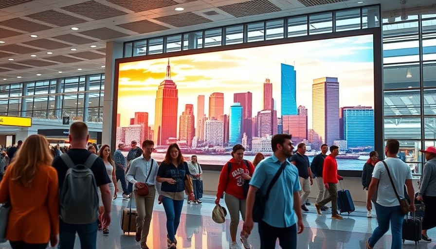 Travelers in Logan Airport passing digital Boston sign, vibrant terminal.