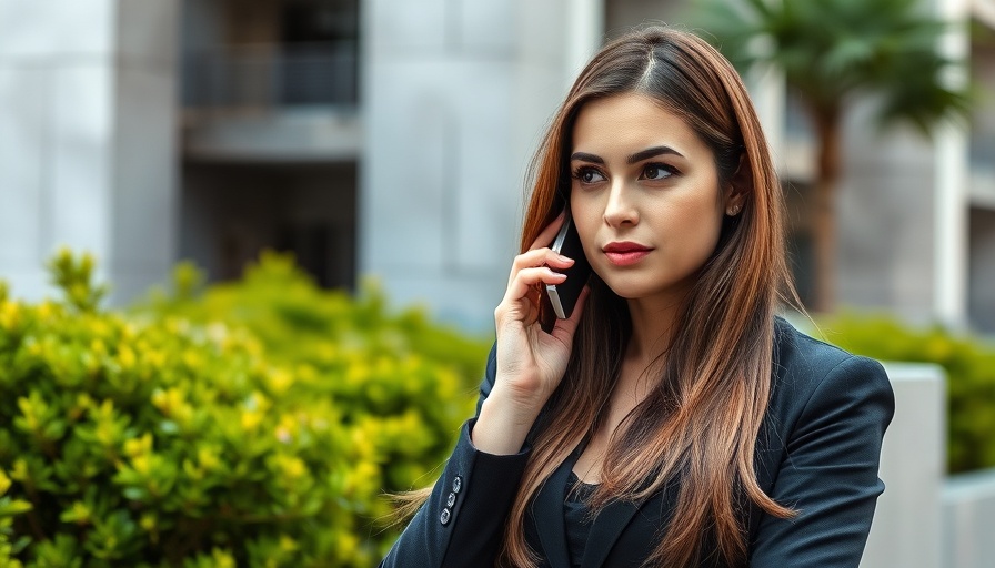 Woman on phone outside SDNY, thoughtful expression, lush background.