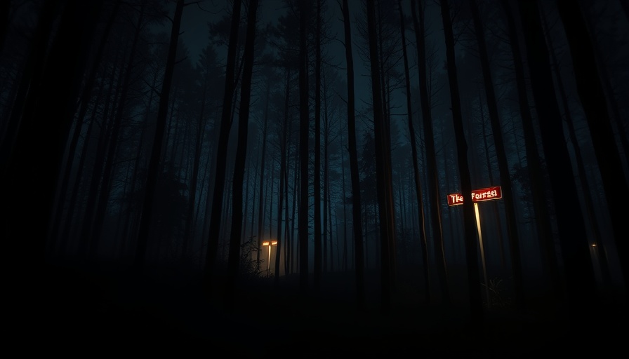 Dimly lit forest in Jackson Township at night with trees and signs.