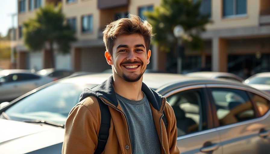 Happy young man standing by car in urban setting, investigation into ICE detention.