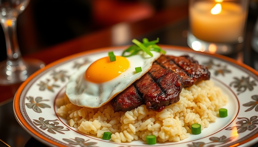 Gourmet steak and egg dish on a decorative plate, Summer on the Garden Tasting Menu.