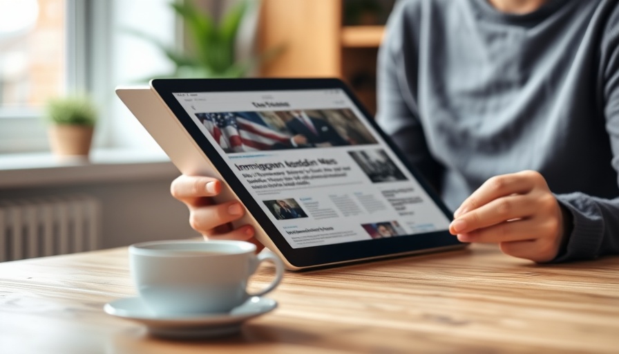 Tablet showing Immigration Policy Updates 2025 next to coffee.