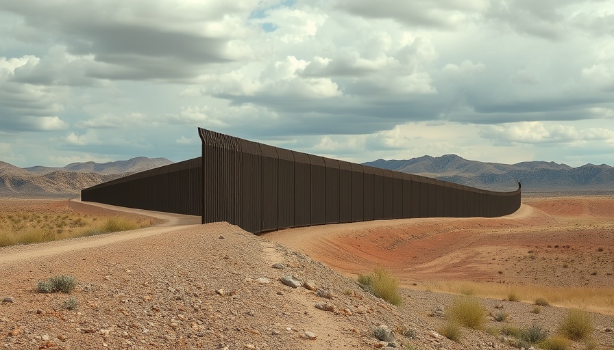 Steel border fence over rugged terrain under cloudy sky.