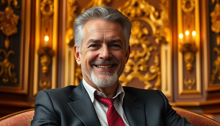 Smiling man in a formal setting, warm lighting.