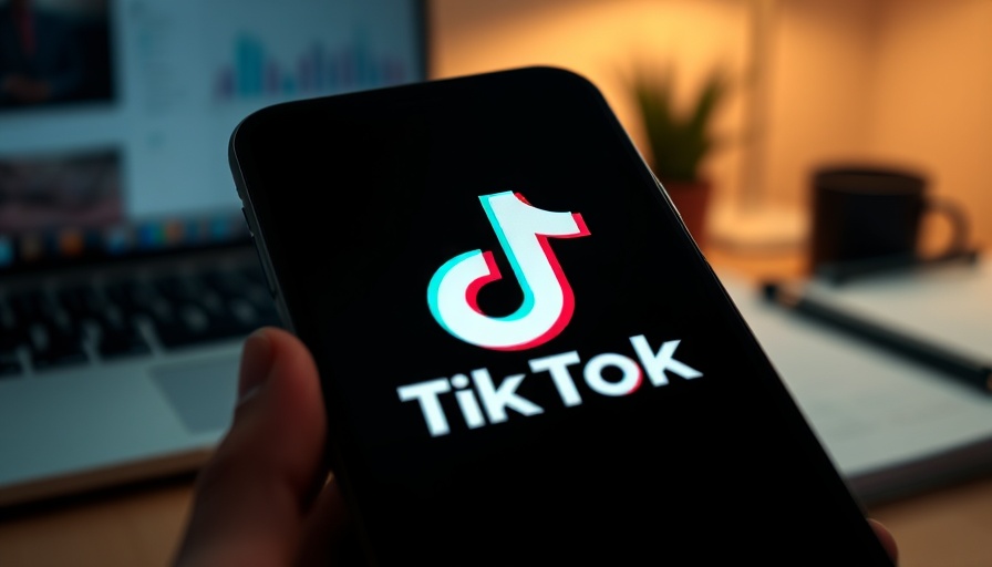 TikTok logo on a phone in an office setting.