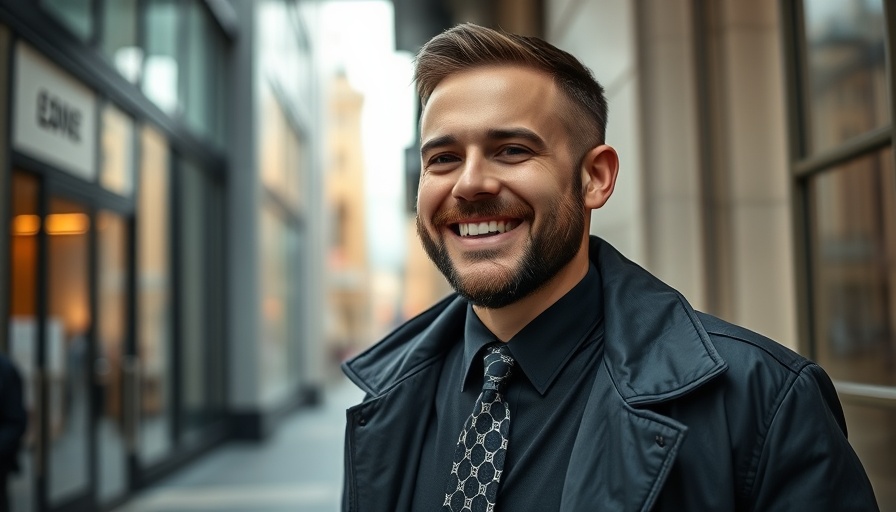 Mamdani smiling in business attire near a building entrance.