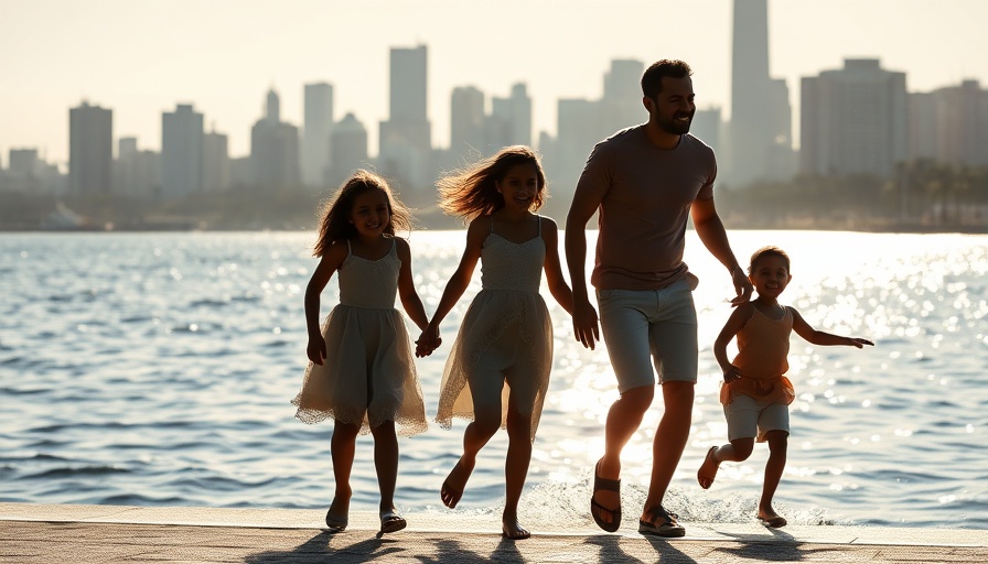Silhouetted family at the seaside with city skyline in background.