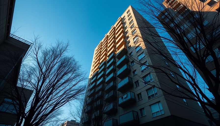 Cambridge condo building with structural concerns and clear sky.