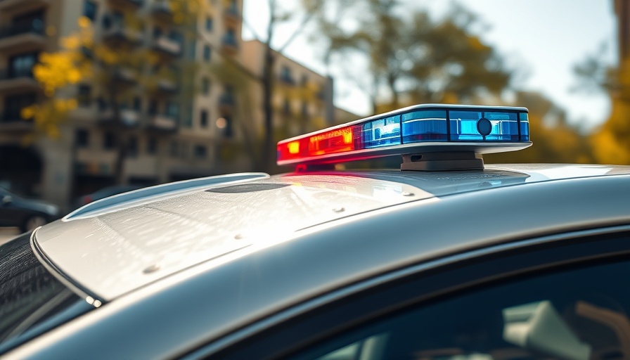 Police car roof with lights in an urban setting reflecting sunlight.
