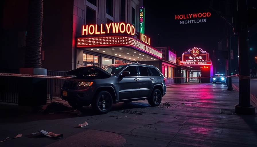 Hollywood nightclub crash at The Vermont with damaged car at night.
