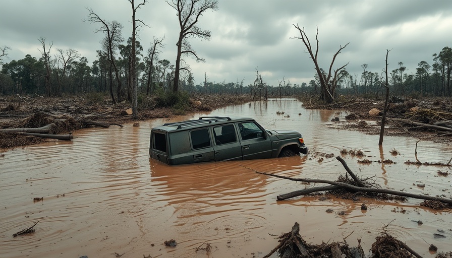 Texas flood aftermath with vehicle debris and uprooted trees.