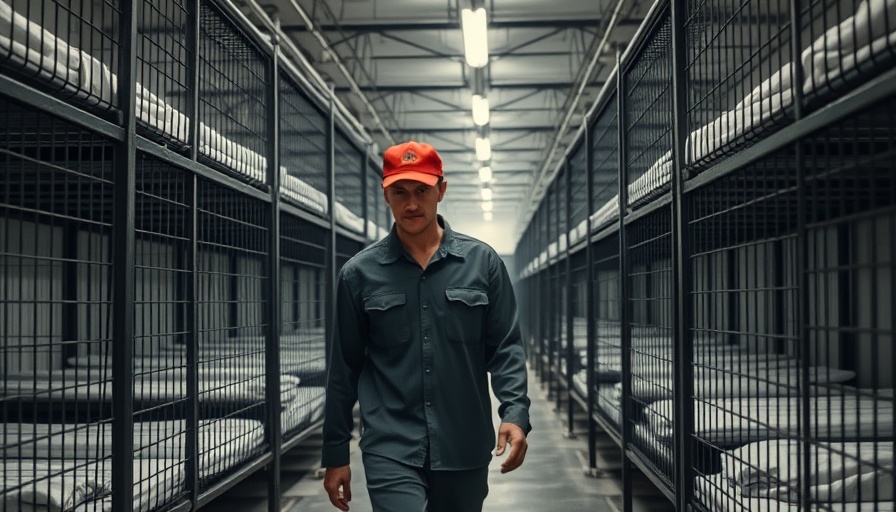 Person inspecting detention facility with bunk beds and fences.