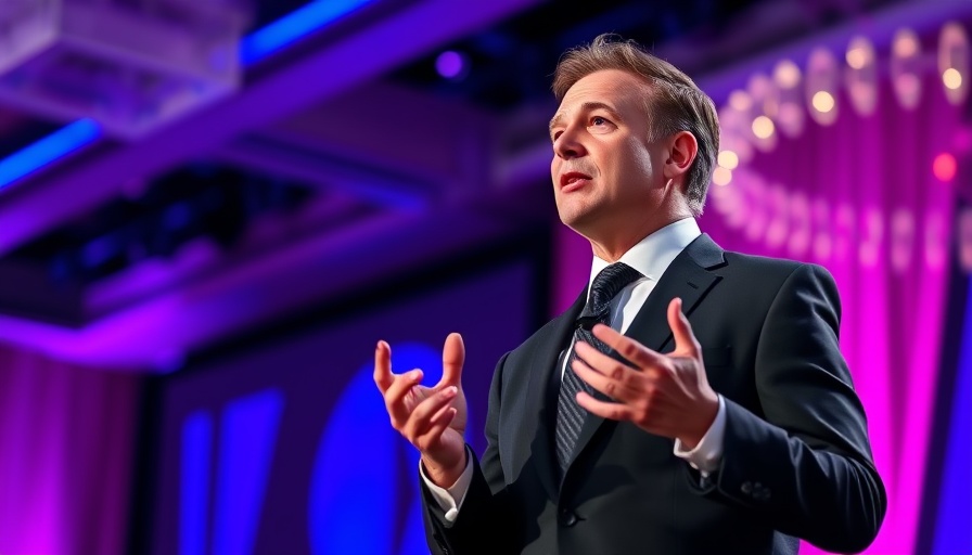 Distinguished speaker on colorful neon-lit stage at a corporate event.