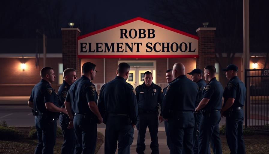 Officers at Robb Elementary entrance during investigation at night.