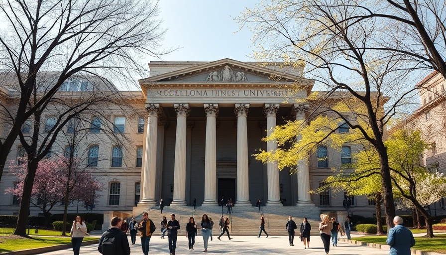 View of Columbia University's iconic steps with people, showcasing grand architecture.