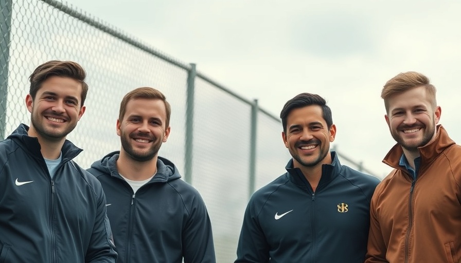 Four smiling men in jackets standing together.