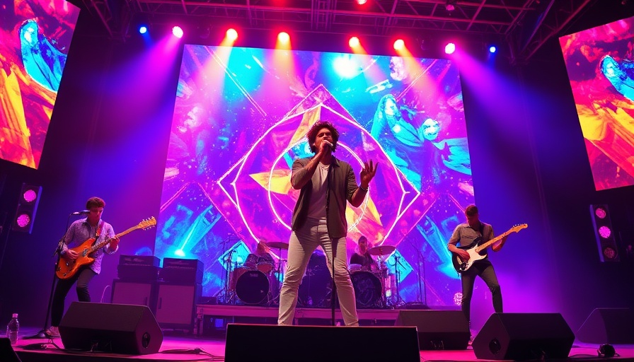 Coldplay performing energetically on a vibrant stage.