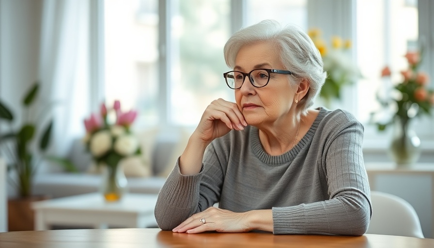 Older woman in glasses, thoughtful pose, in bright room.