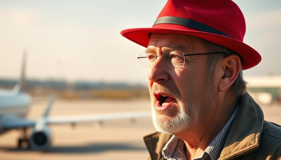 Middle-aged man in a red hat speaking on a sunny day, airport backdrop.