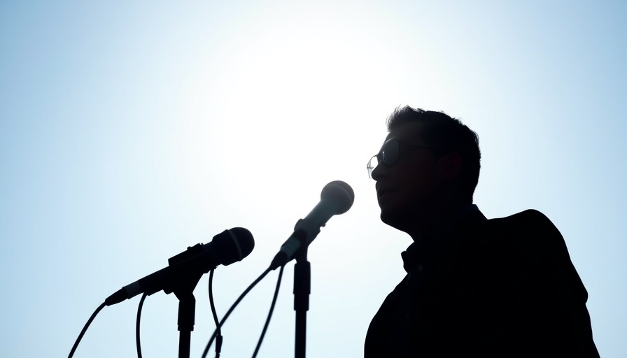 Silhouetted figure speaking to microphones; clear day.