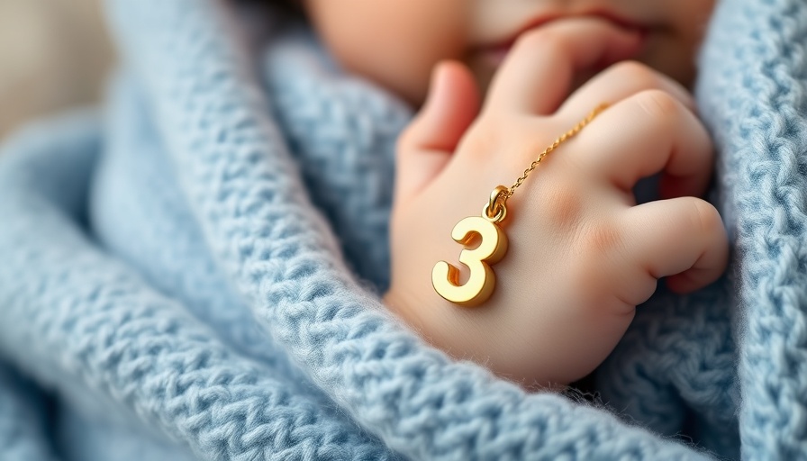 Close-up of baby's hand with gold pendant, California mom's four kids same birthday.
