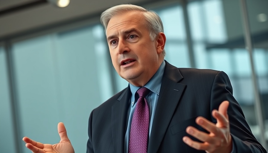 Middle-aged man speaking confidently at an indoor studio setting.