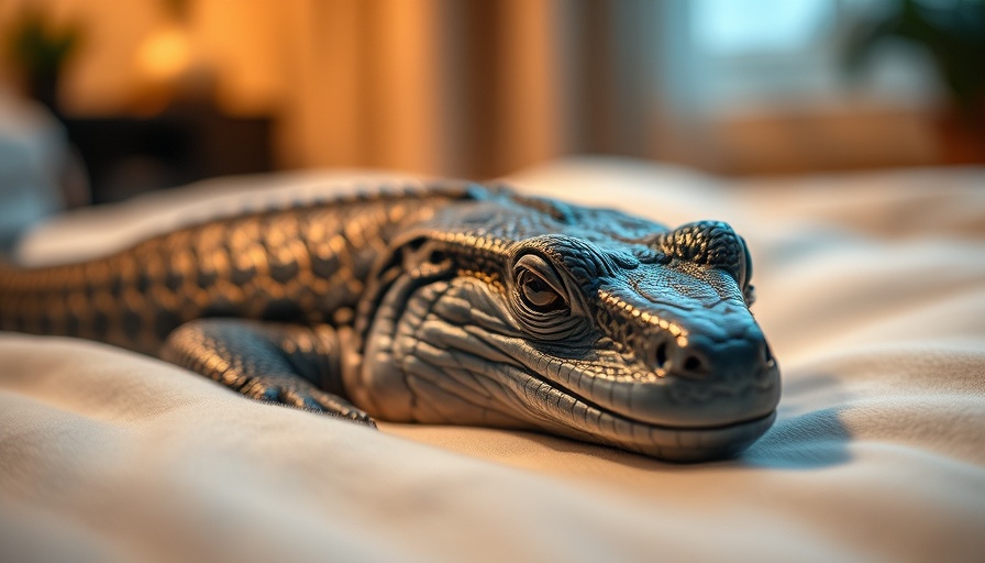 Webster water monitor escapes, resting on a soft indoor bed.