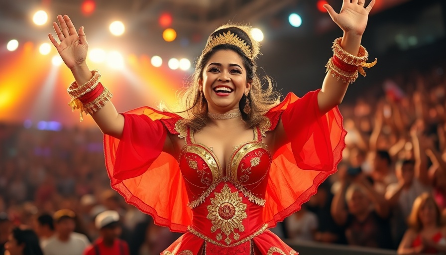 Performer at Newport Folk Festival 2025 in red and gold costume on stage.
