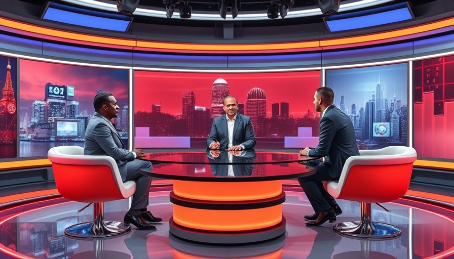 Modern TV studio panel discussing Epstein estate documents.