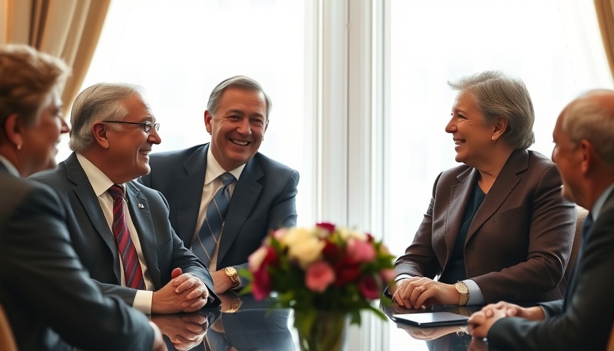 Prominent figures discussing trade deal, formal setting.