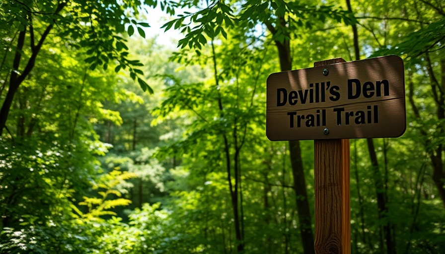 Trail sign at Devil's Den State Park with forest backdrop.