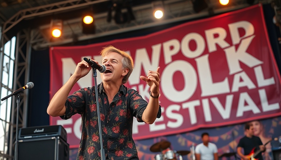 Singer performing on stage at Newport Folk Festival with festival banner.