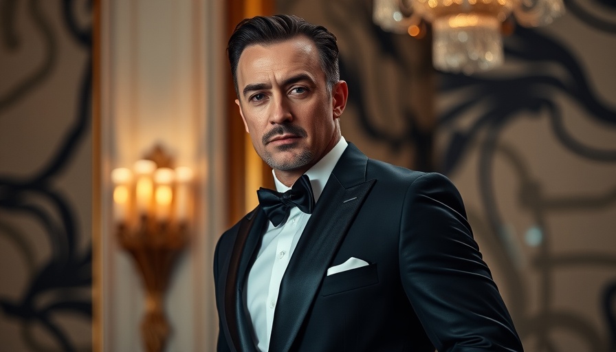 Elegant man in tuxedo posing with abstract background